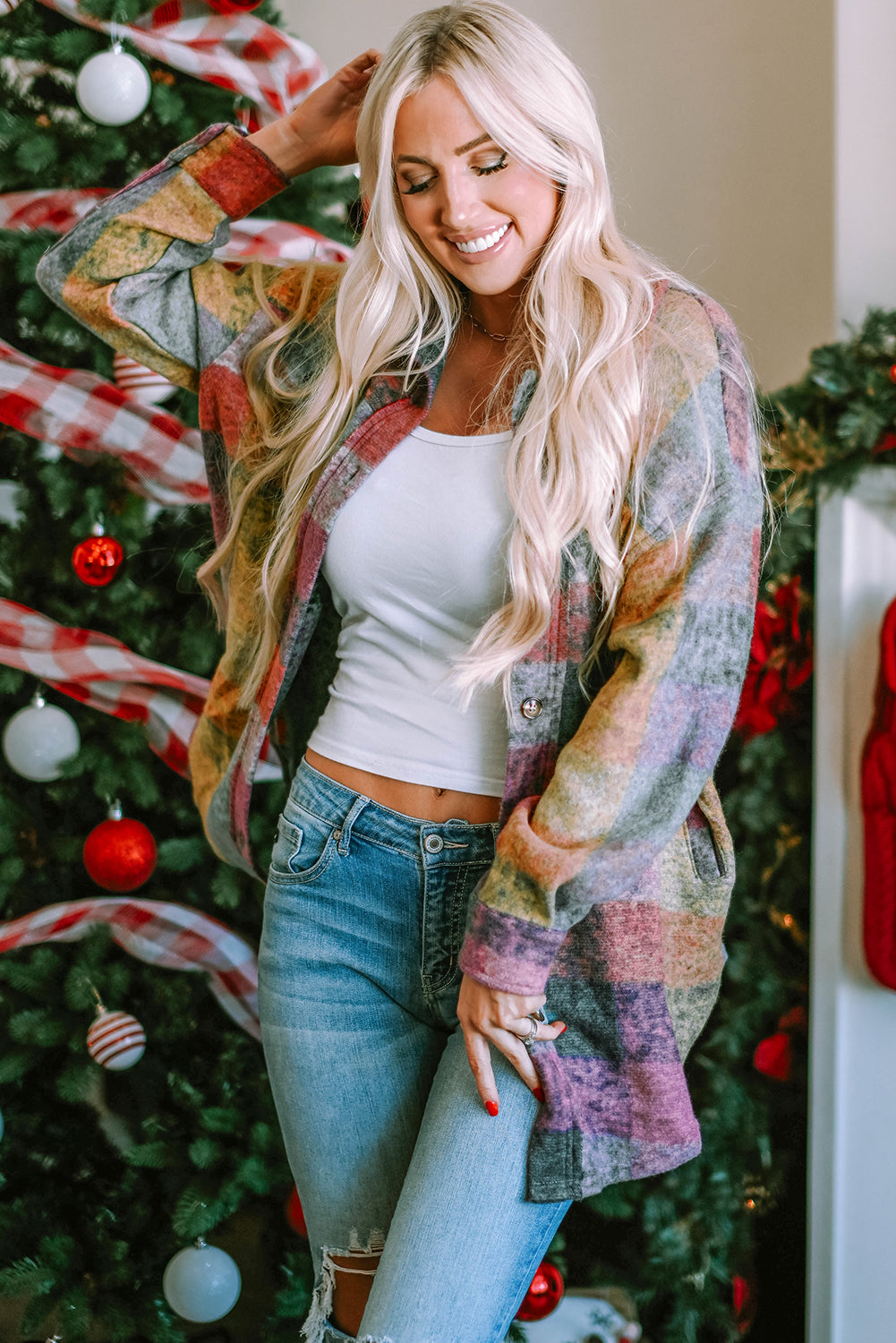 Multicolor Brushed Plaid Plus Size Shacket
