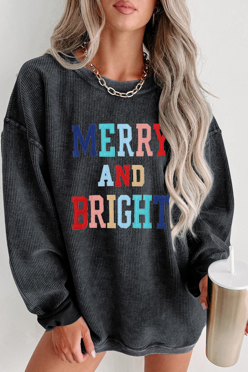 Black Plus Size Corded Round Neck Sweatshirt