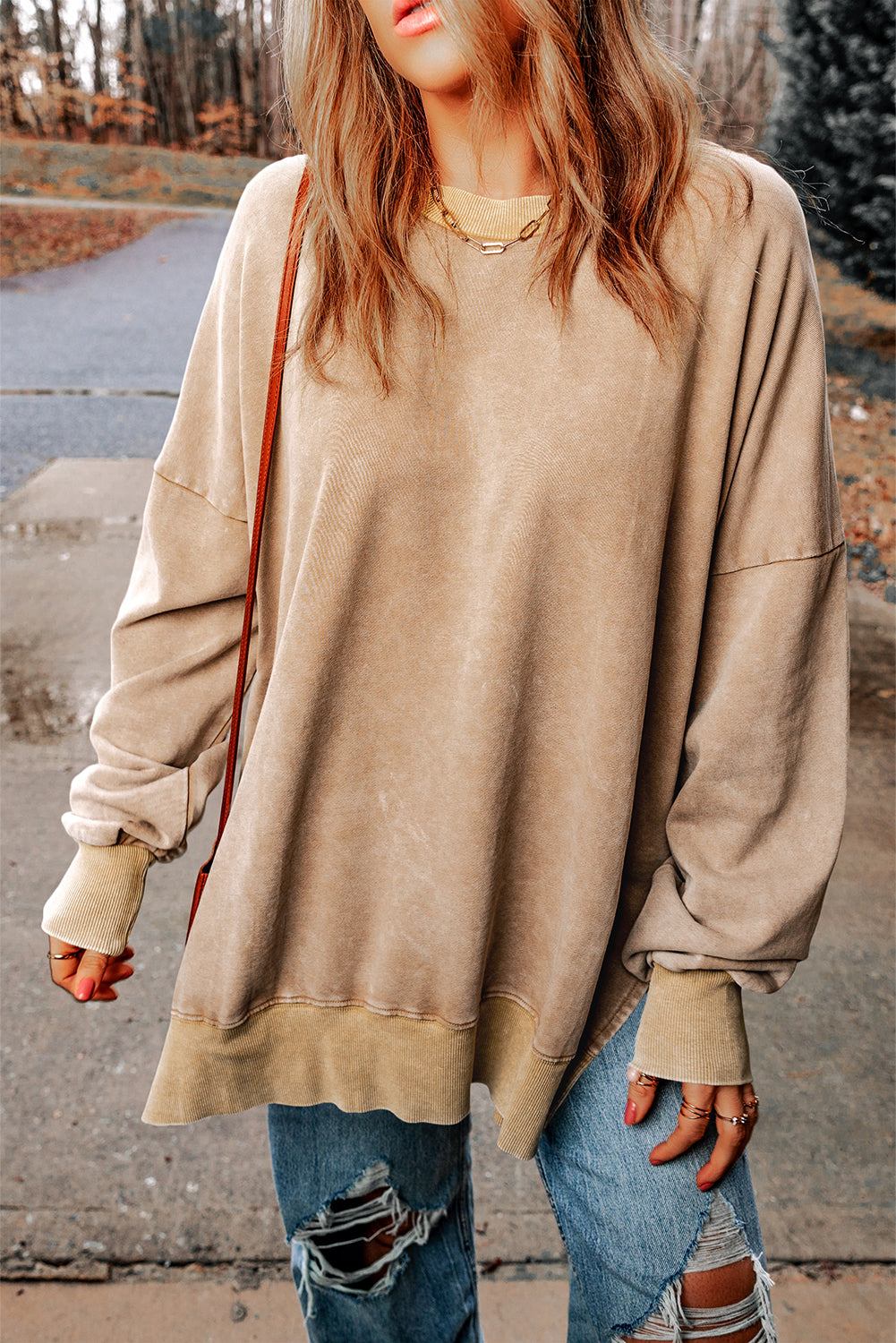 Leopard Print Drop Shoulder Slit Oversized Sweatshirt