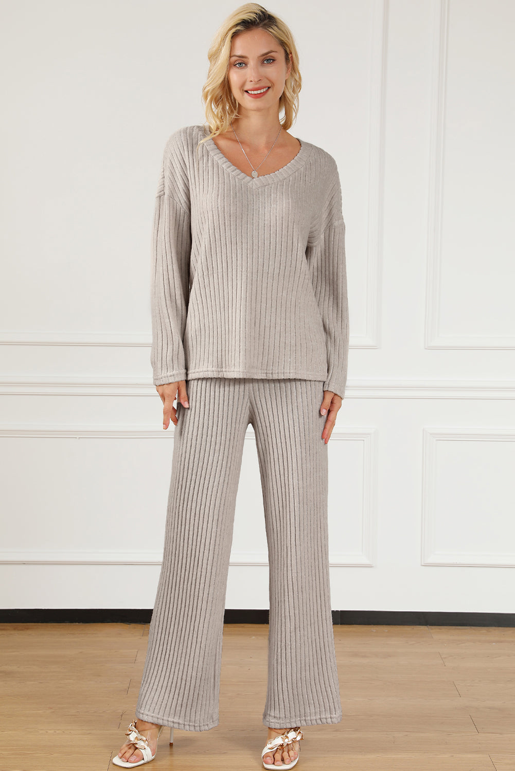 Parchment Plus Size Ribbed V Neck Pullover and Pants Set