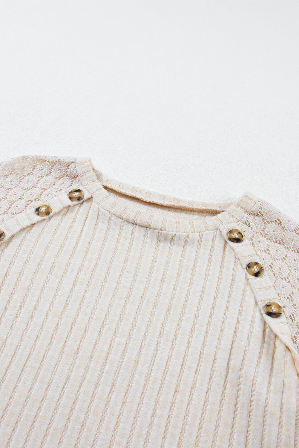 Gray Contrast Lace Raglan Sleeve Buttoned Ribbed Top