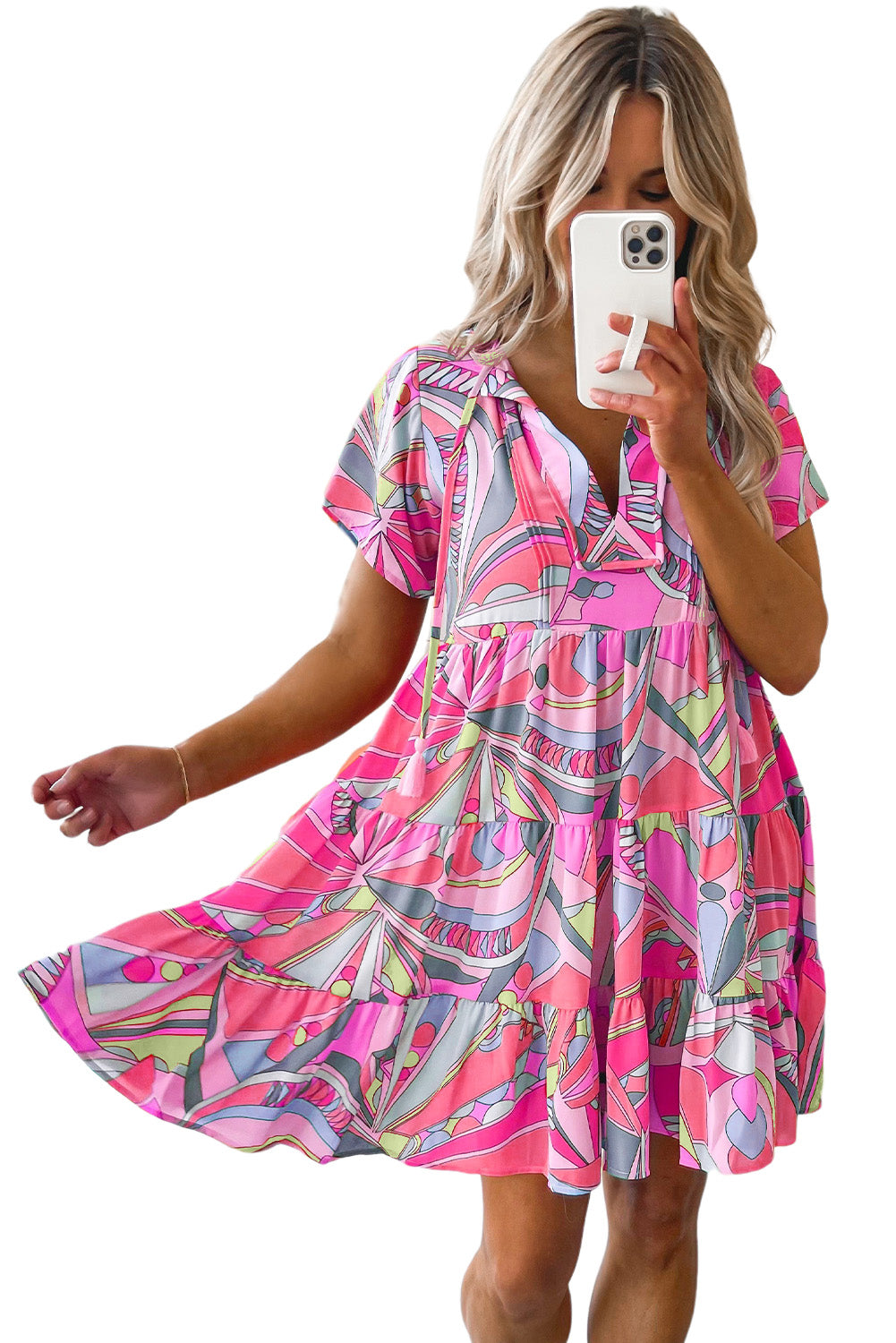 Multicolor Geometric Abstract Print Long Sleeve Shirt Dress