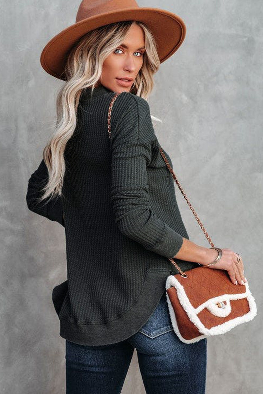 Waffle Knit Crew Neck Casual Long Sleeve Top
