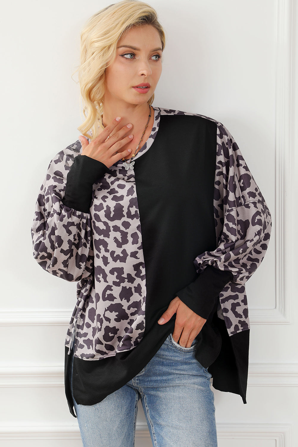 Leopard Print Drop Shoulder Slit Oversized Sweatshirt