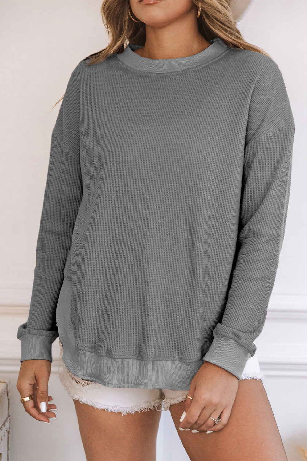 Waffle Knit Crew Neck Casual Long Sleeve Top