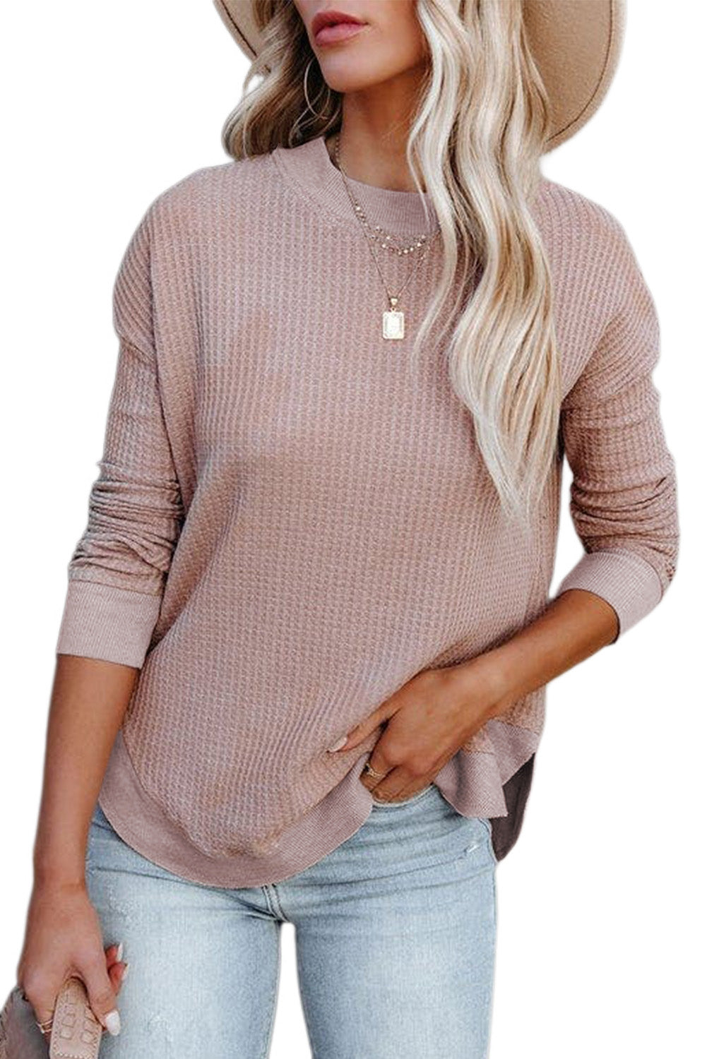 Waffle Knit Crew Neck Casual Long Sleeve Top