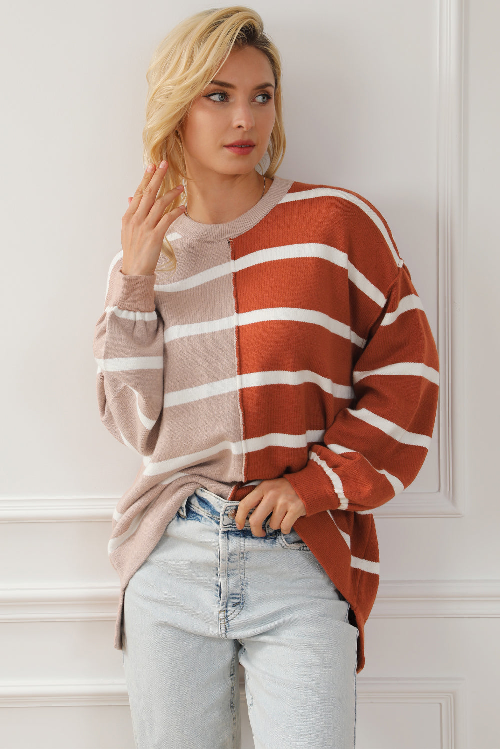 Plus Size Colorblock Striped Patchwork Loose Top