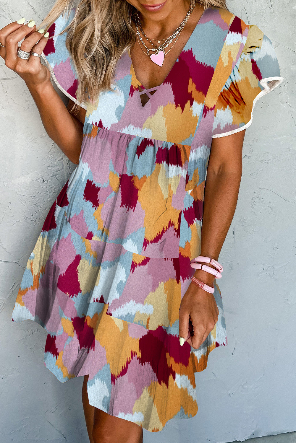 Khaki Printed Crisscross Decor V Neck Flutter Sleeve Dress