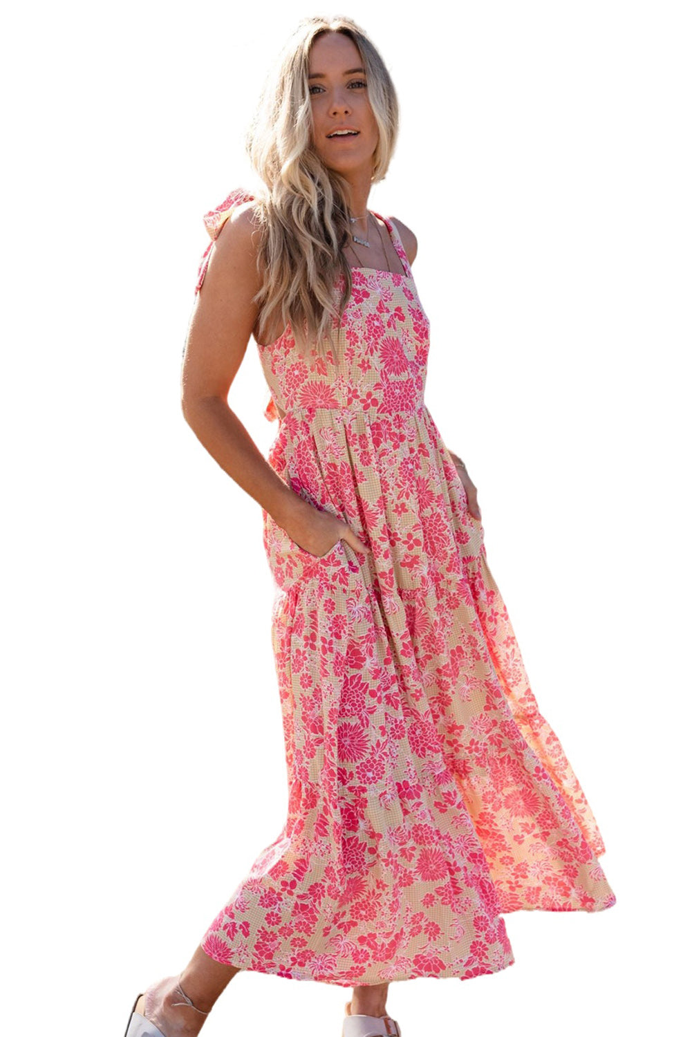 Gingham Floral Tie Shoulder Maxi Dress