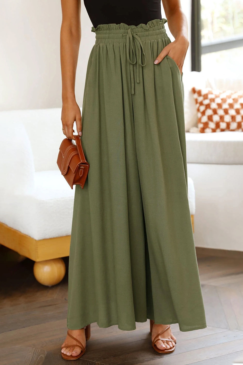Beige Drawstring Smocked High Waist Wide Leg Pants
