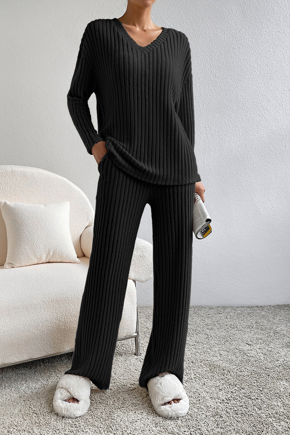 Parchment Plus Size Ribbed V Neck Pullover and Pants Set