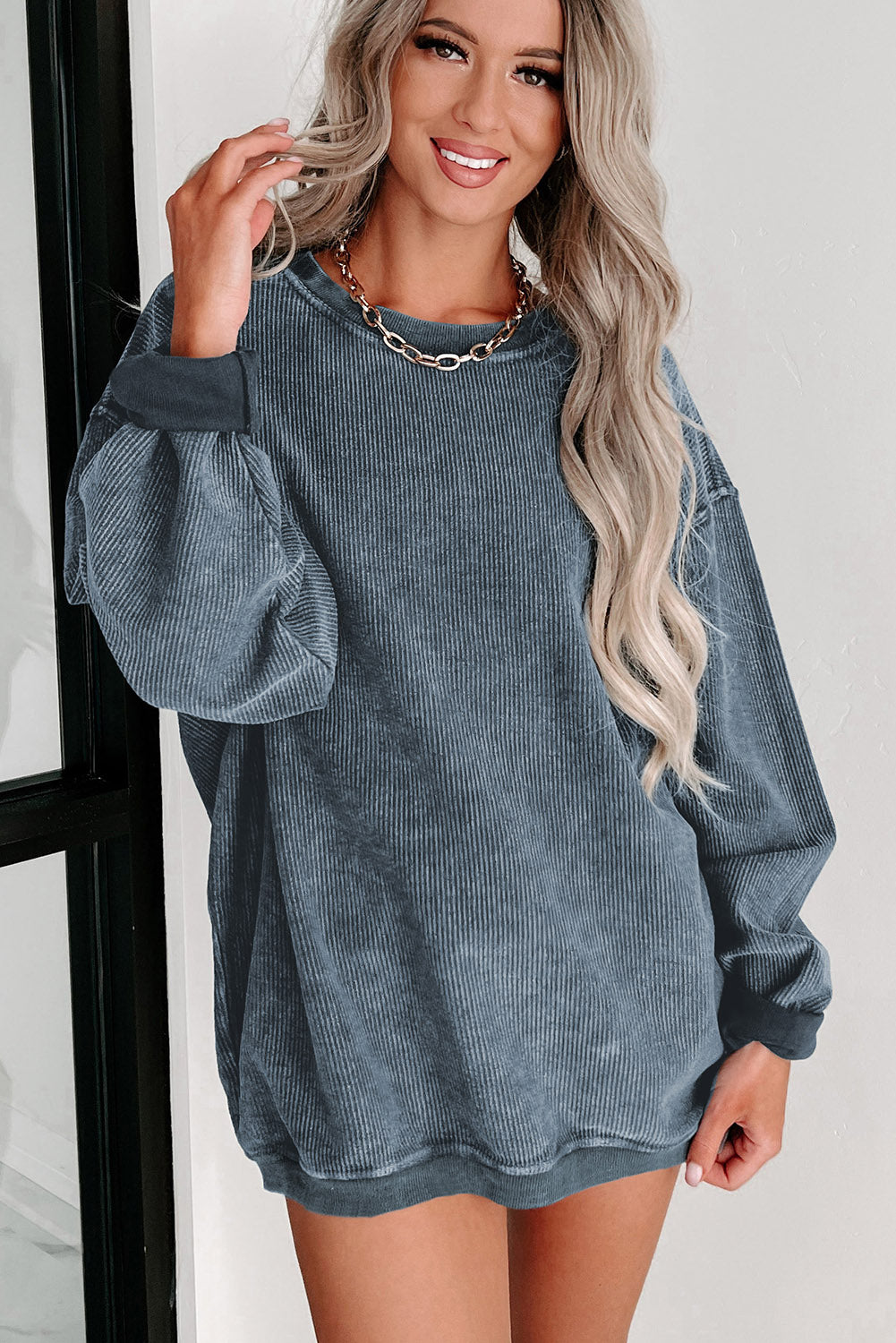 Black Plus Size Corded Round Neck Sweatshirt
