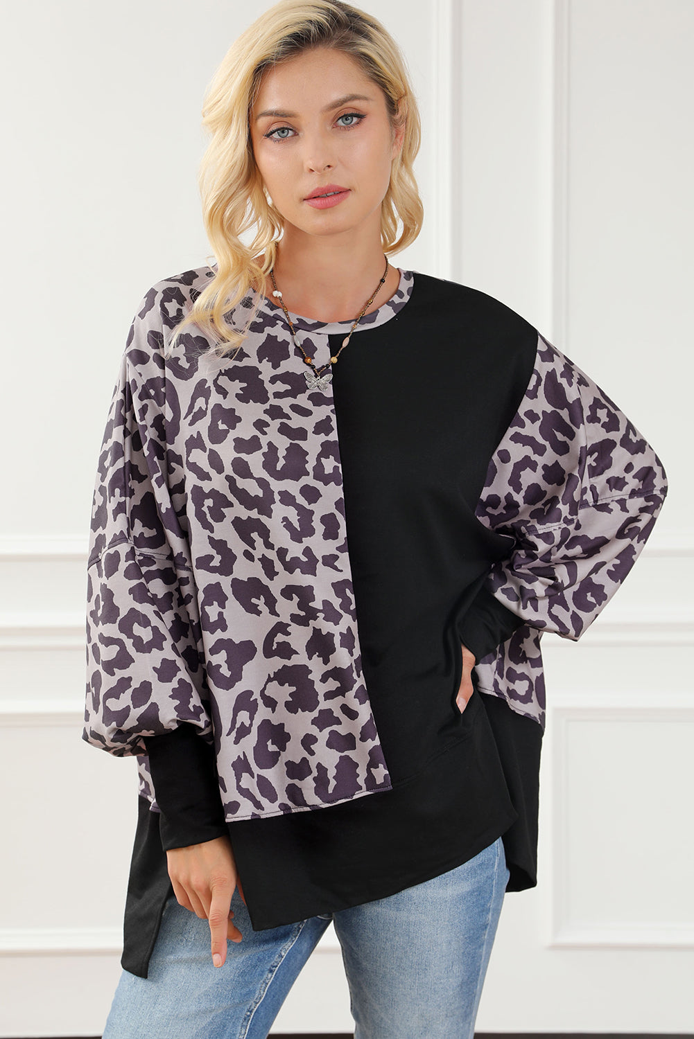 Leopard Print Drop Shoulder Slit Oversized Sweatshirt