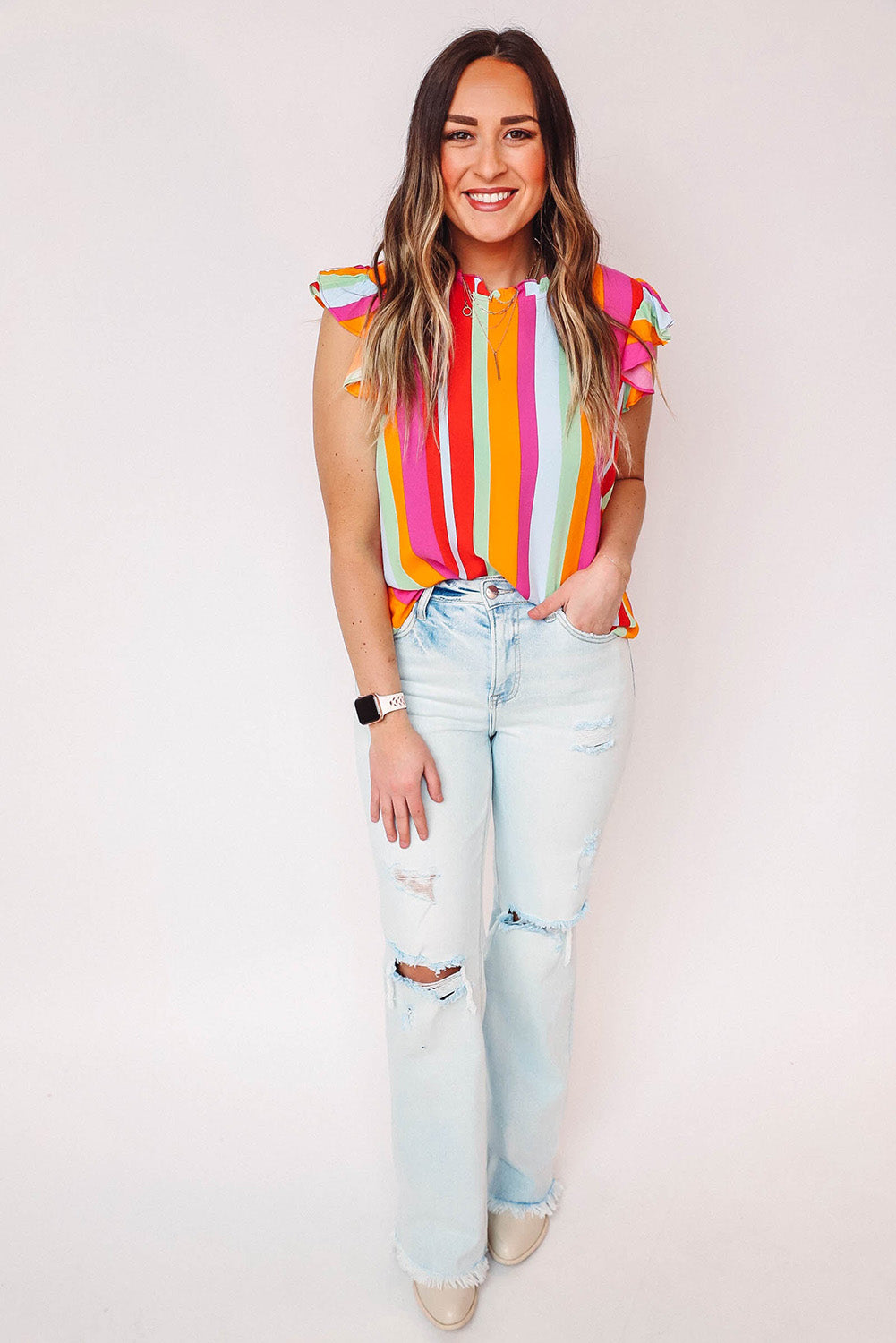 Multicolor Plus Size Stripe Print Frill Neck Flutter Blouse