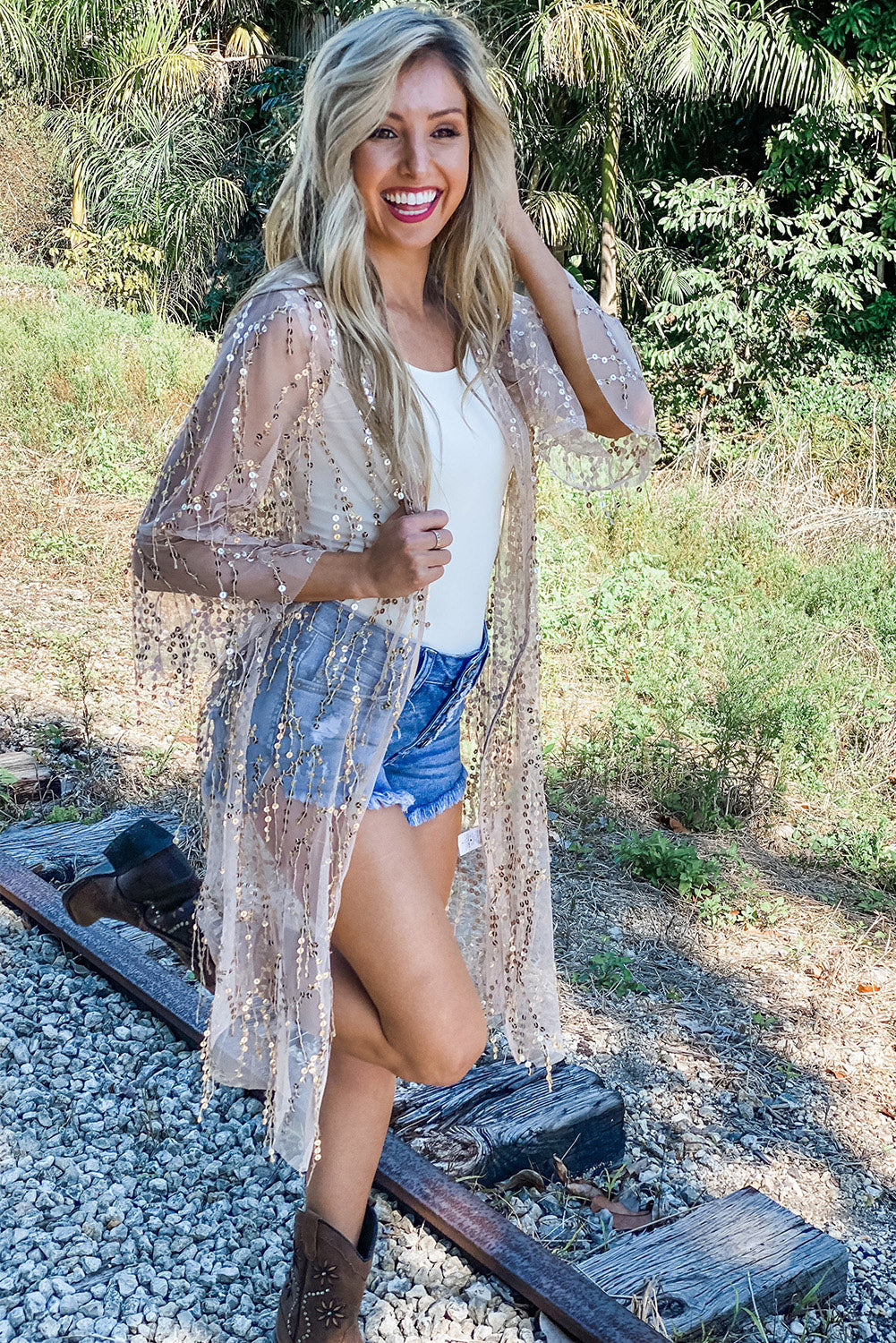 Sequin Sheer Casual Open Front Cover Up