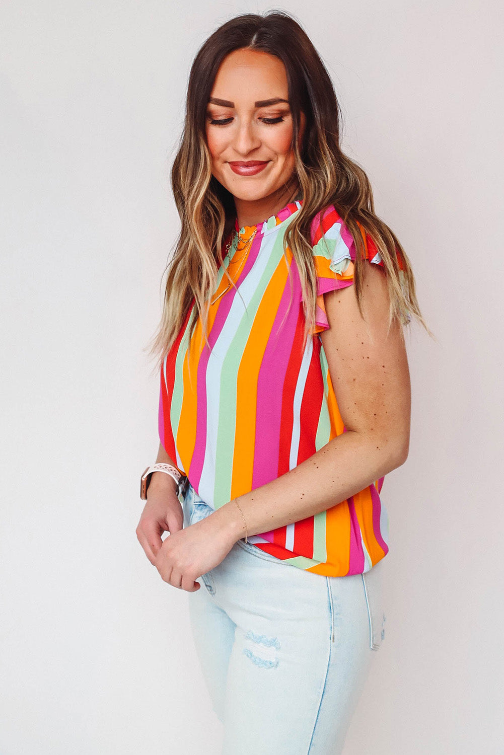 Multicolor Plus Size Stripe Print Frill Neck Flutter Blouse