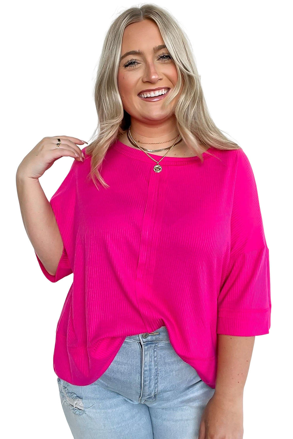 Plus Size Ribbed 3/4 Sleeves Flowy Top