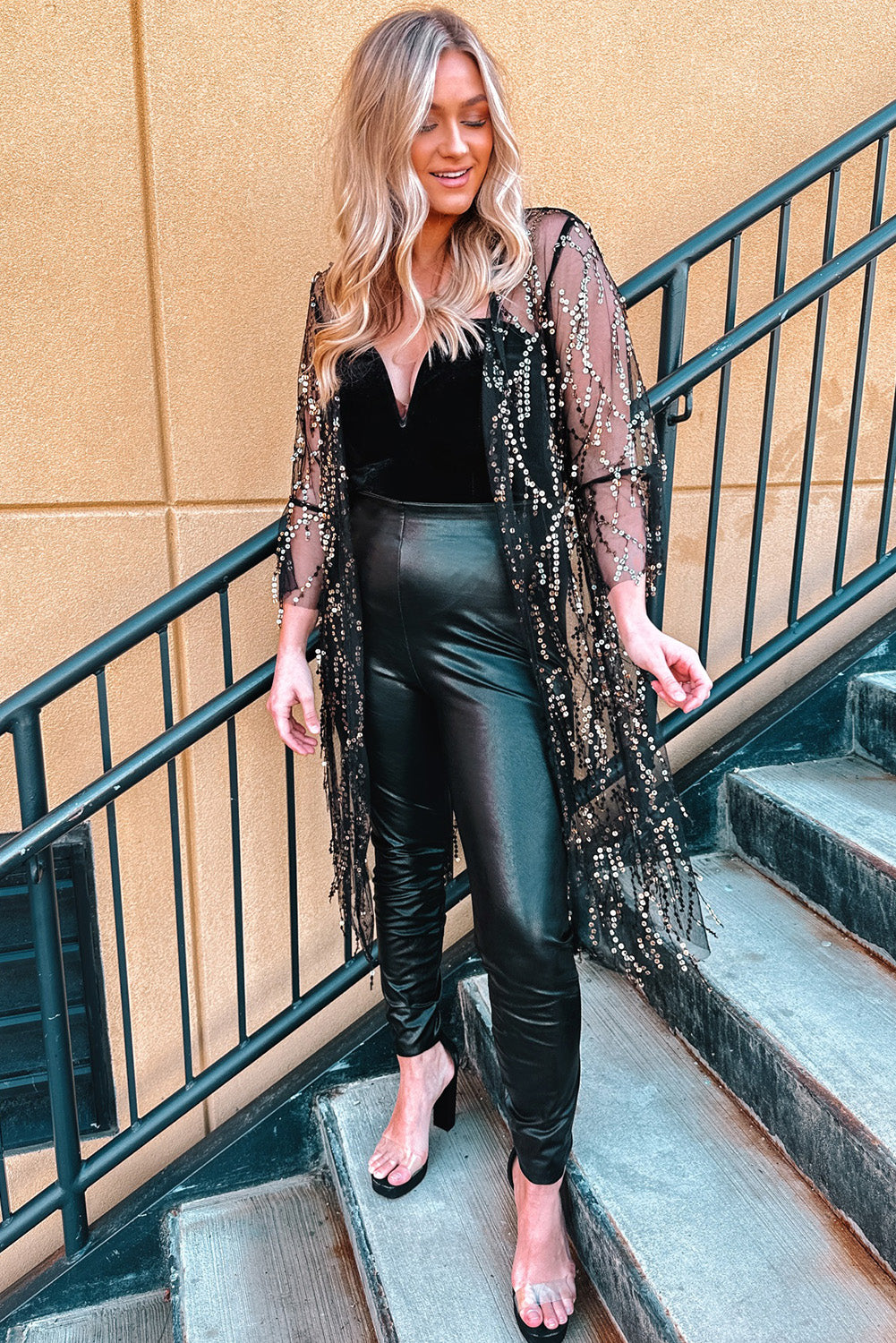 Sequin Sheer Casual Open Front Cover Up
