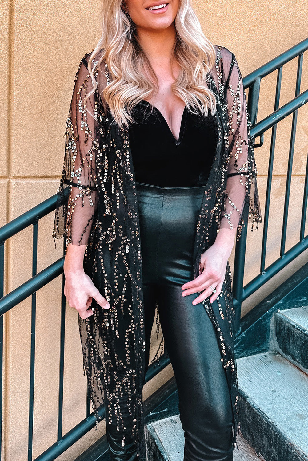 Sequin Sheer Casual Open Front Cover Up