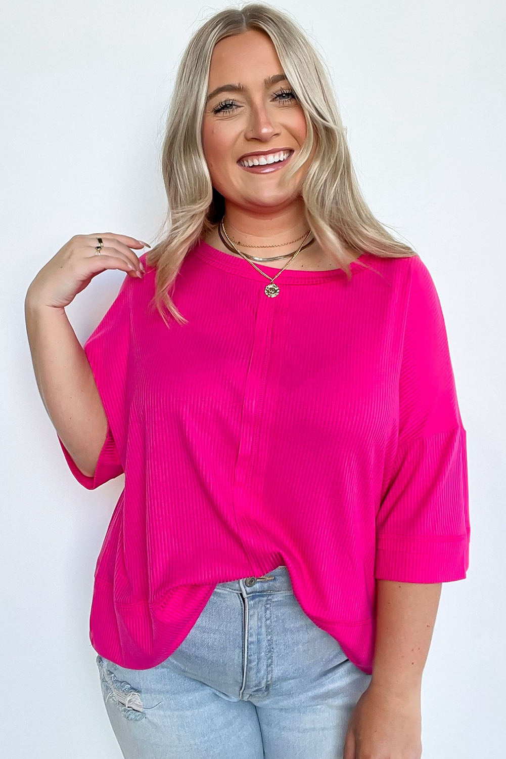 Plus Size Ribbed 3/4 Sleeves Flowy Top