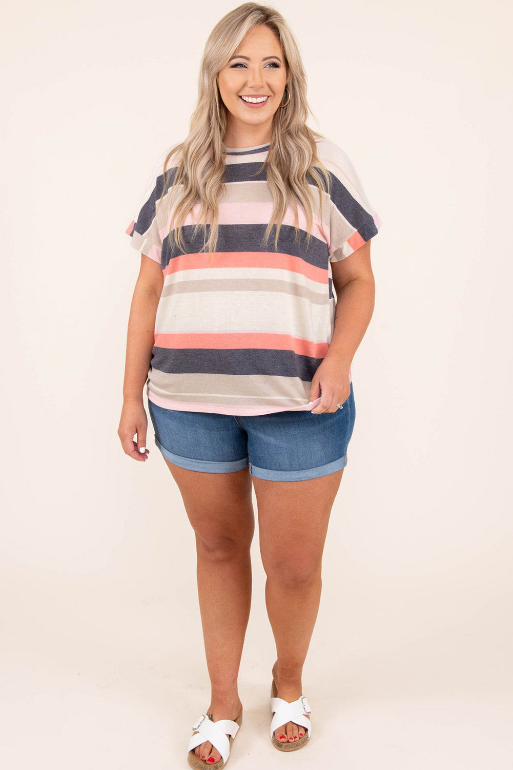 Plus Size Striped Colorblock Print T-shirt