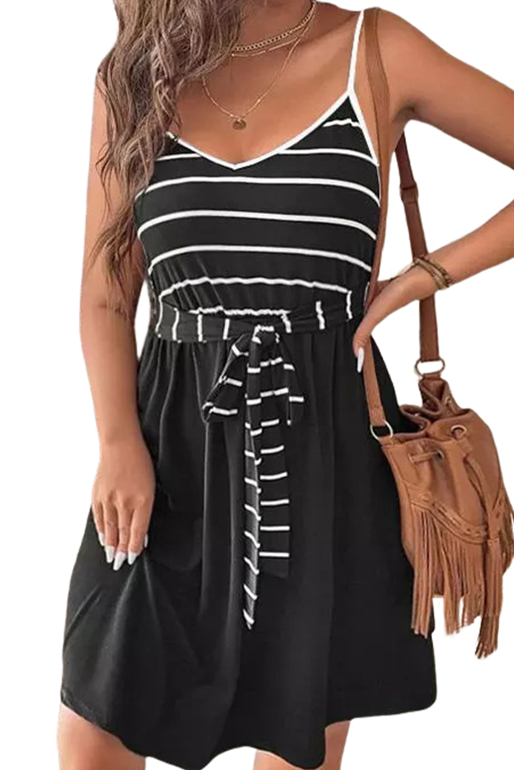 Striped Spaghetti Straps Casual Waist Tie Cami Dress