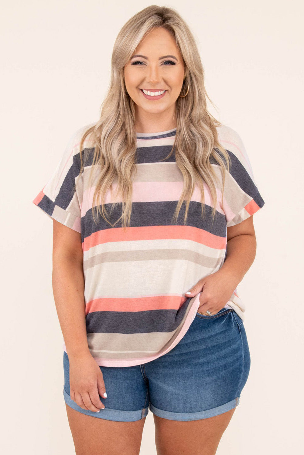 Plus Size Striped Colorblock Print T-shirt