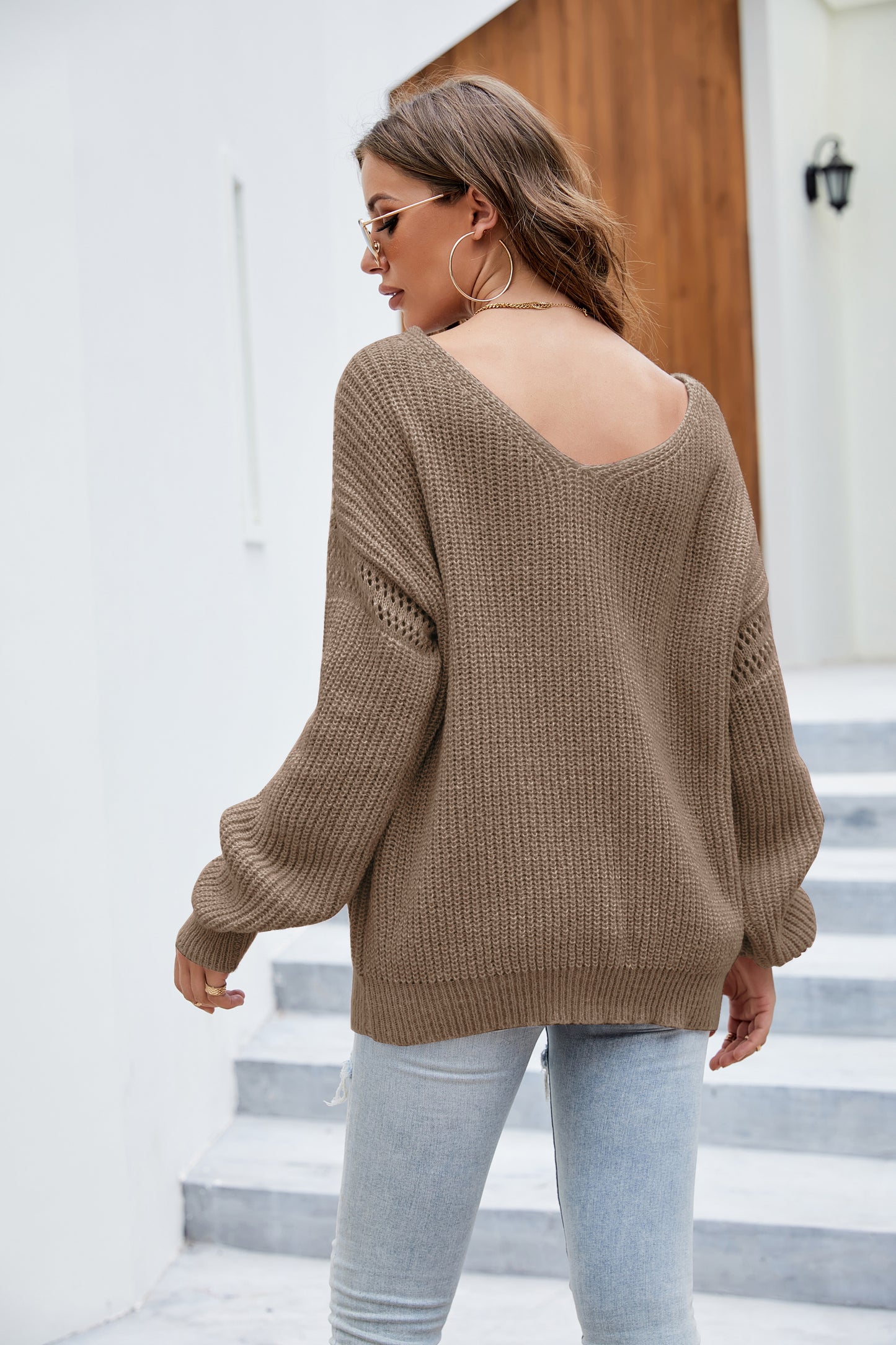 Low V Neck Pocketed Drop Shoulder Sweater
