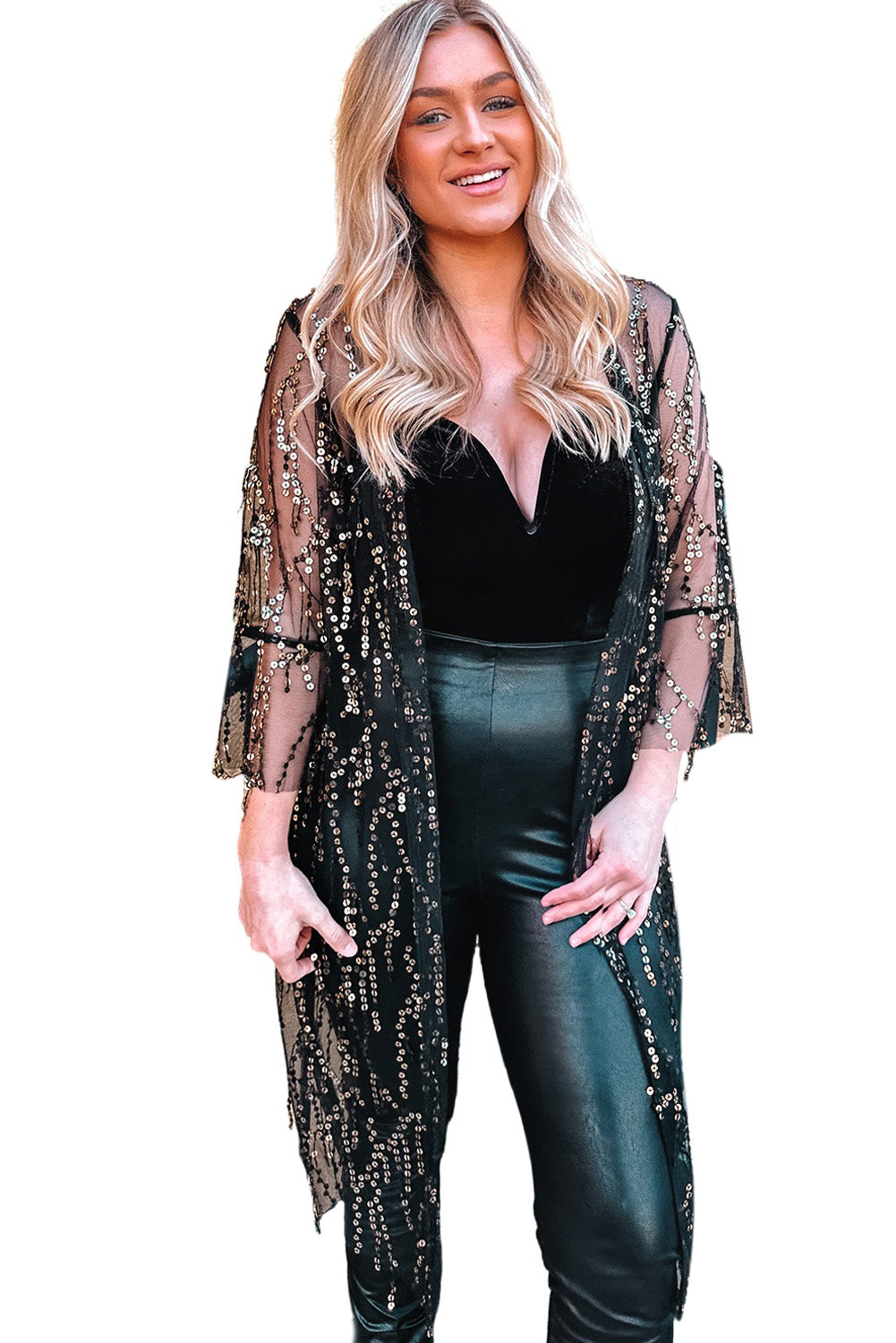 Sequin Sheer Casual Open Front Cover Up