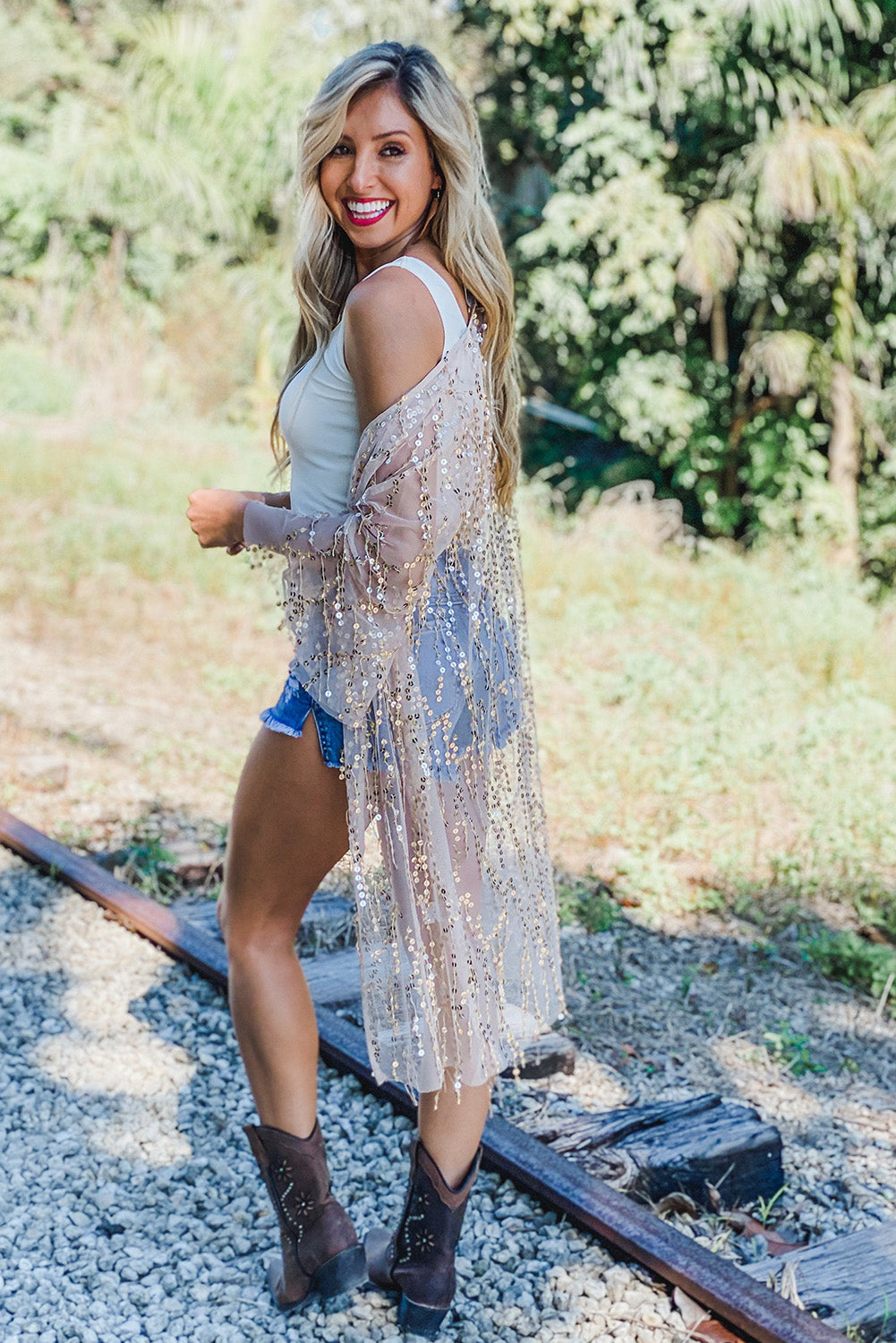 Sequin Sheer Casual Open Front Cover Up