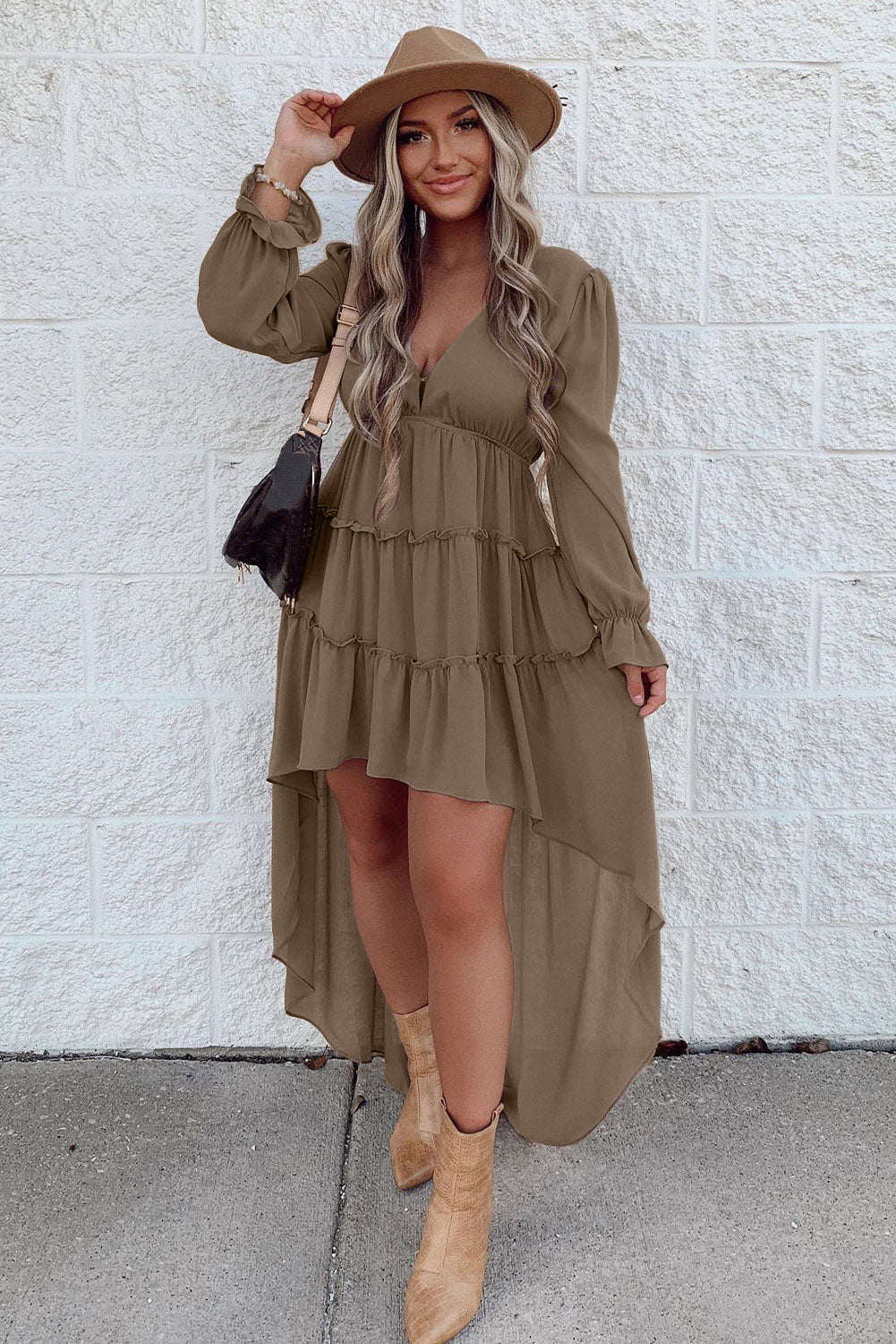 Khaki Tiered Ruffled High Low Long Sleeve Dress