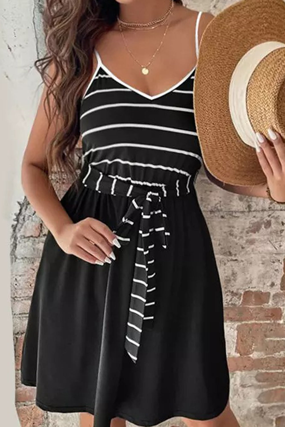 Striped Spaghetti Straps Casual Waist Tie Cami Dress