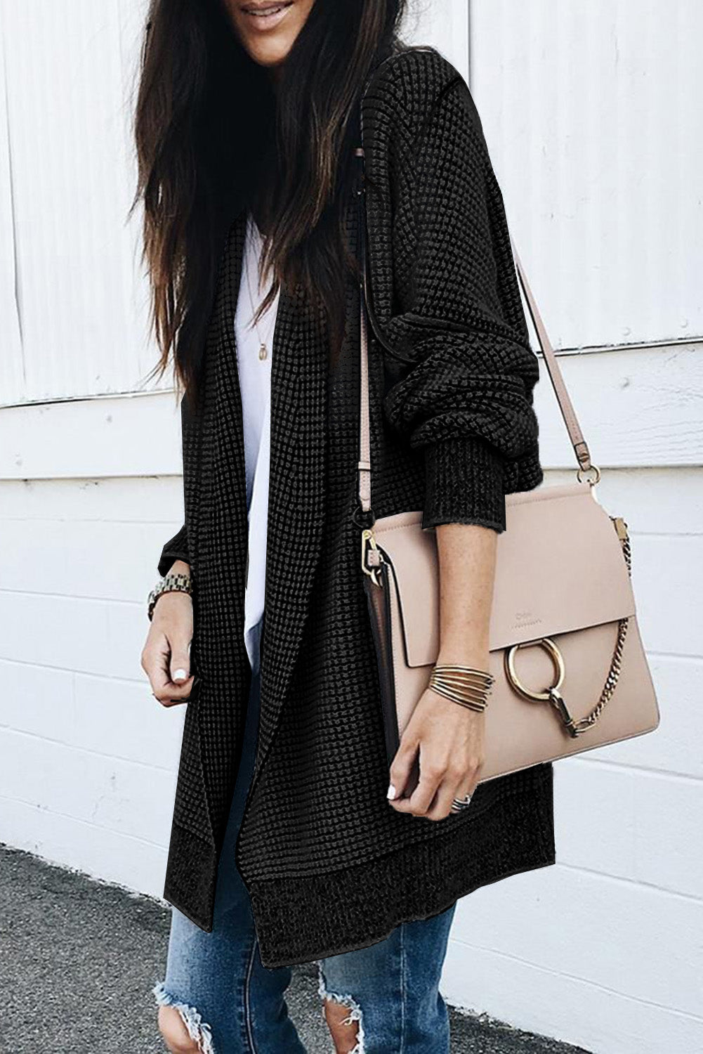 Apricot Chunky Waffle Knit Oversized Collar Cardigan