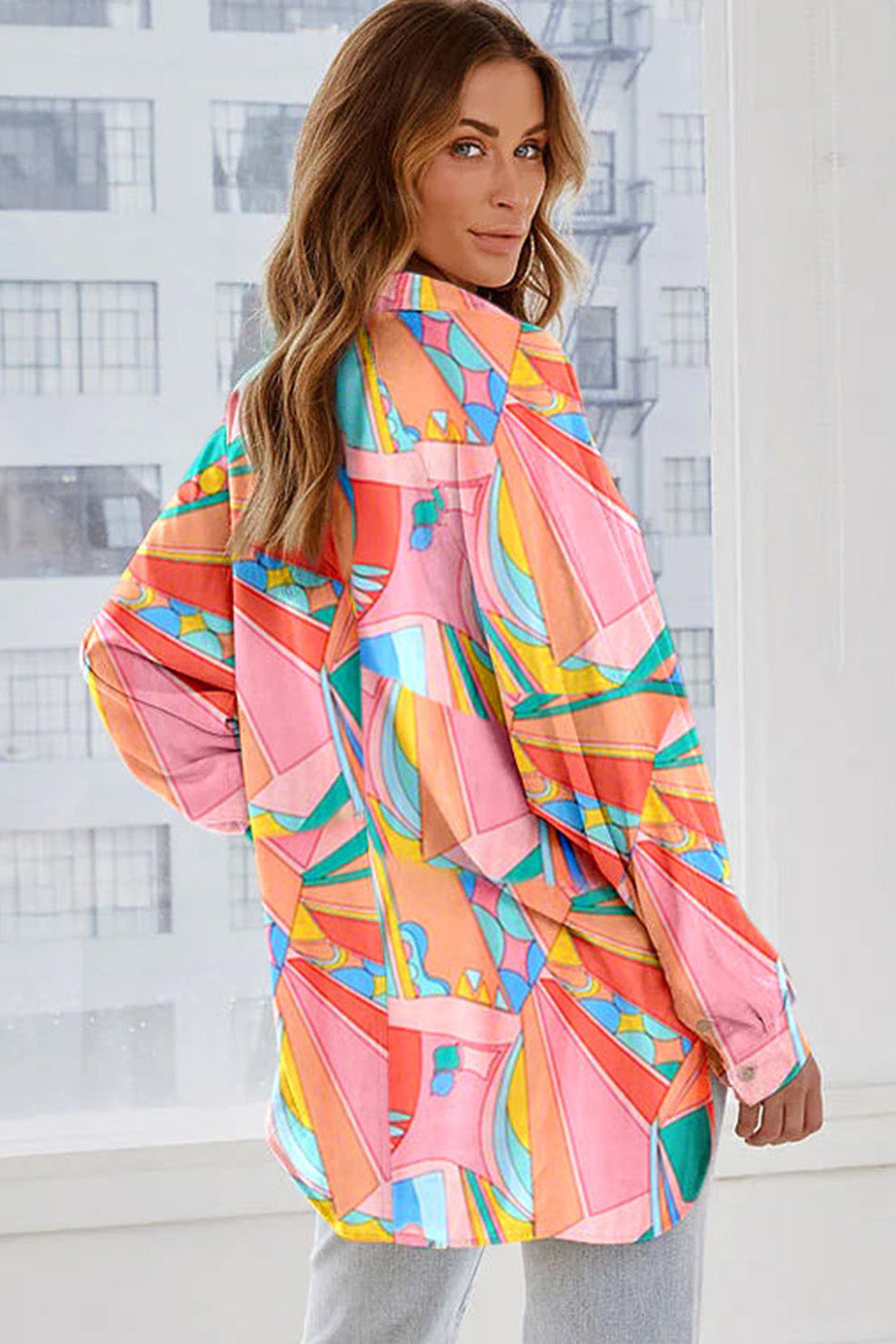 Multicolor Geometric Abstract Print Long Sleeve Shirt Dress