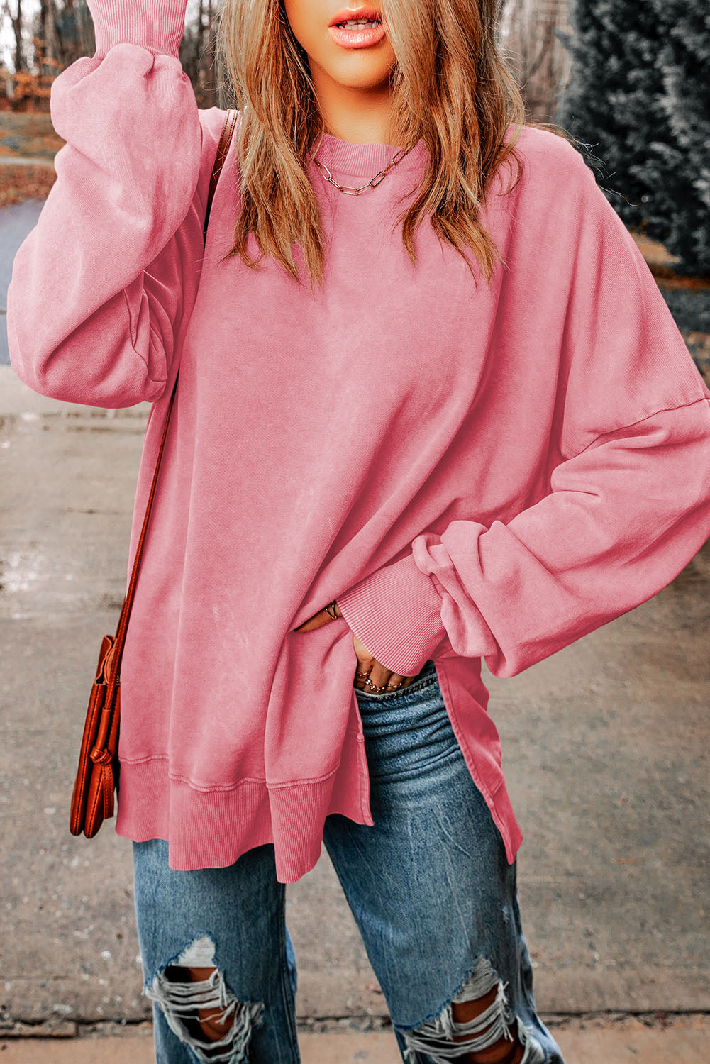 Leopard Print Drop Shoulder Slit Oversized Sweatshirt