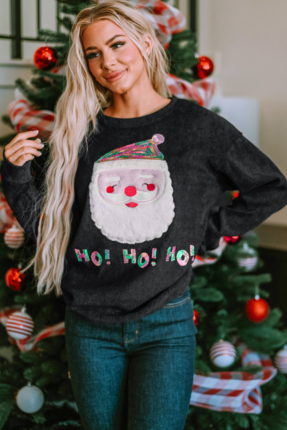 Black Plus Size Corded Round Neck Sweatshirt