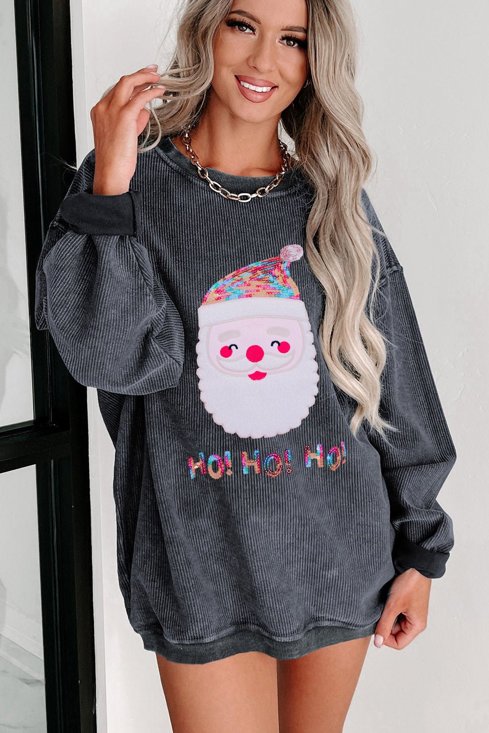 Black Plus Size Corded Round Neck Sweatshirt