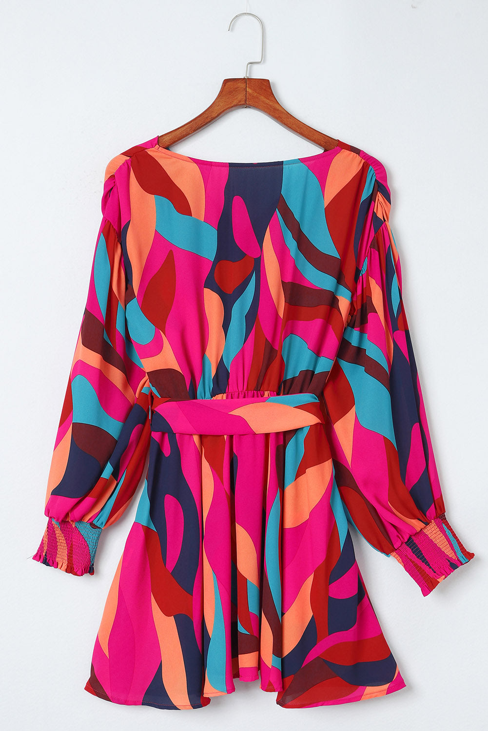 Multicolor Plus Size Abstract Print Oversized Sleeve Belted Dress