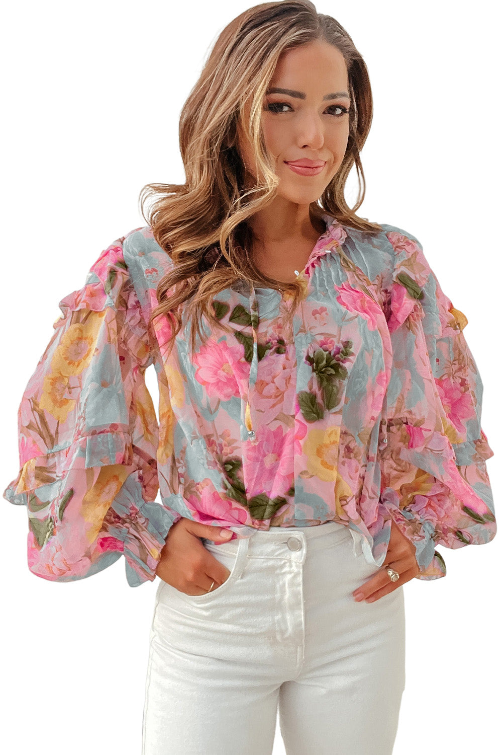 Floral Print Tassel Tie Short Sleeve Blouse