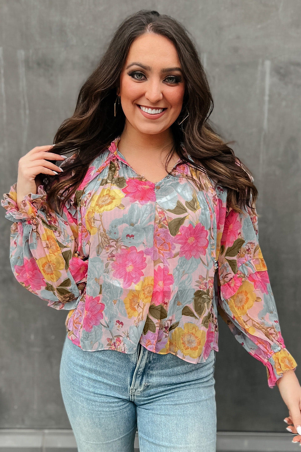 Floral Print Tassel Tie Short Sleeve Blouse