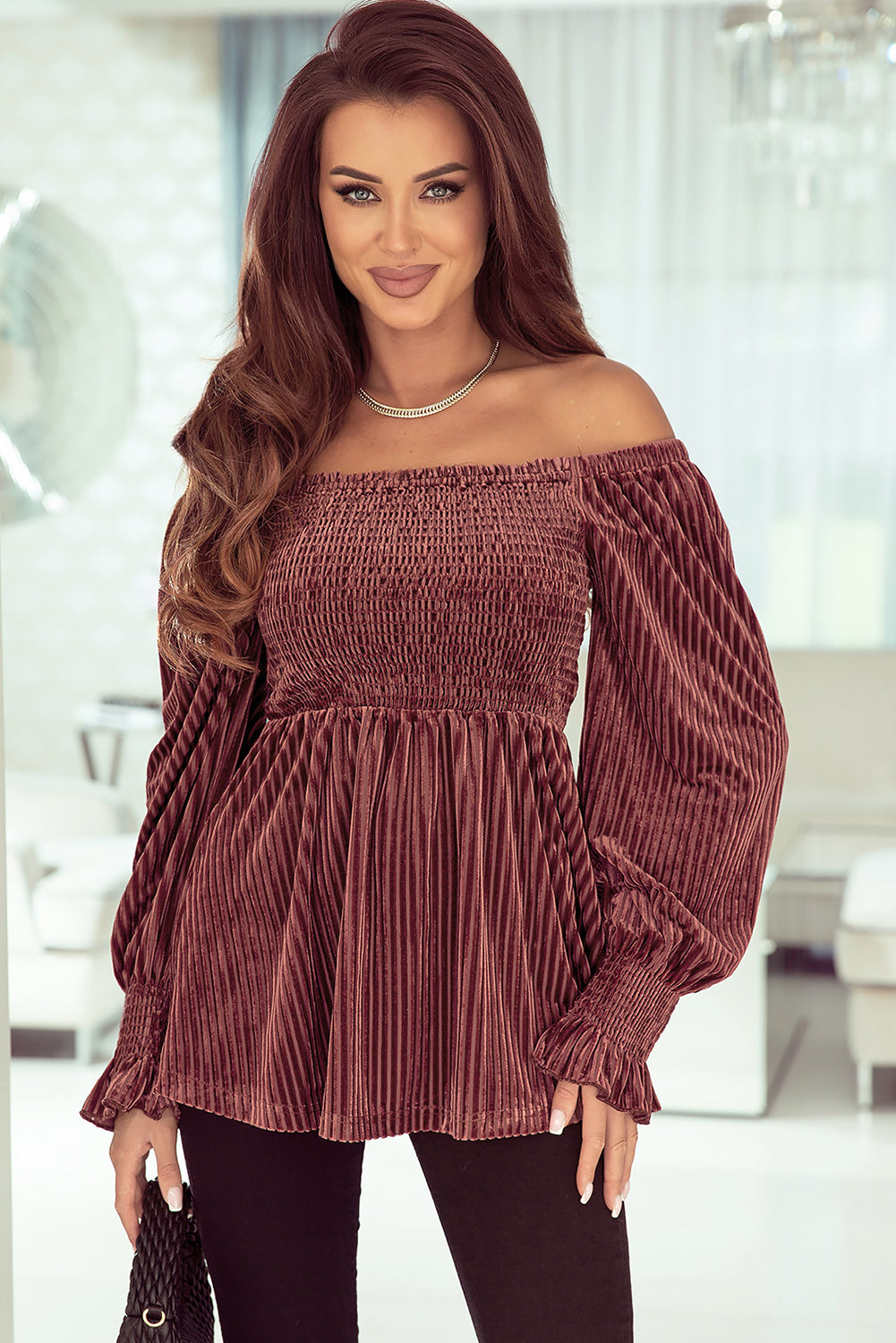 Chestnut Half Zip V Neck Ribbed Velvet Top