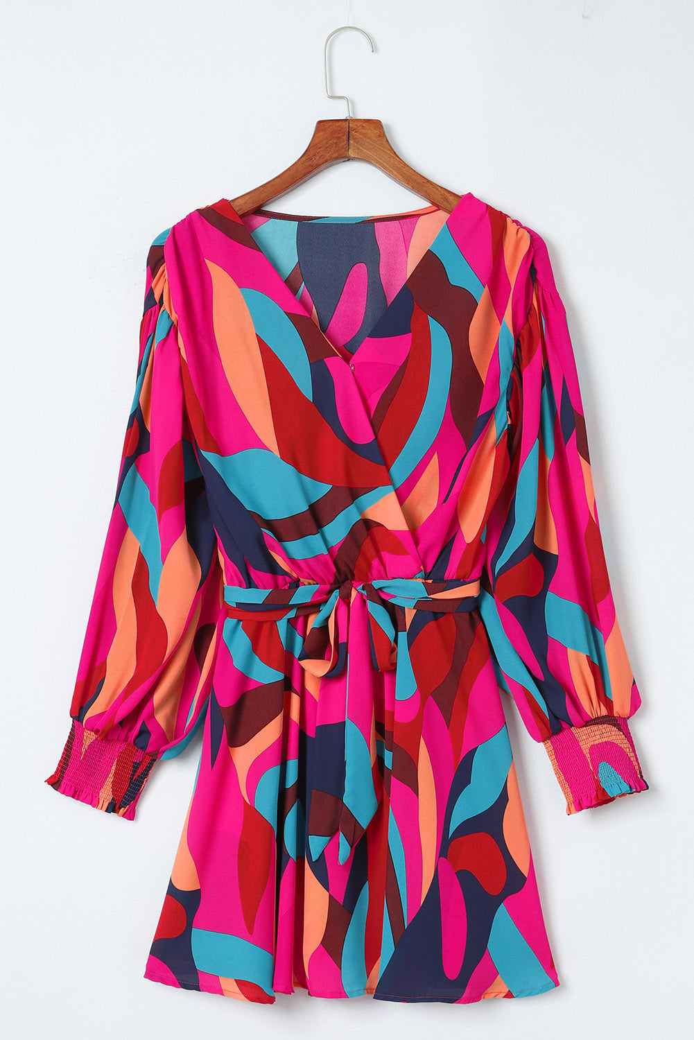 Multicolor Plus Size Abstract Print Oversized Sleeve Belted Dress
