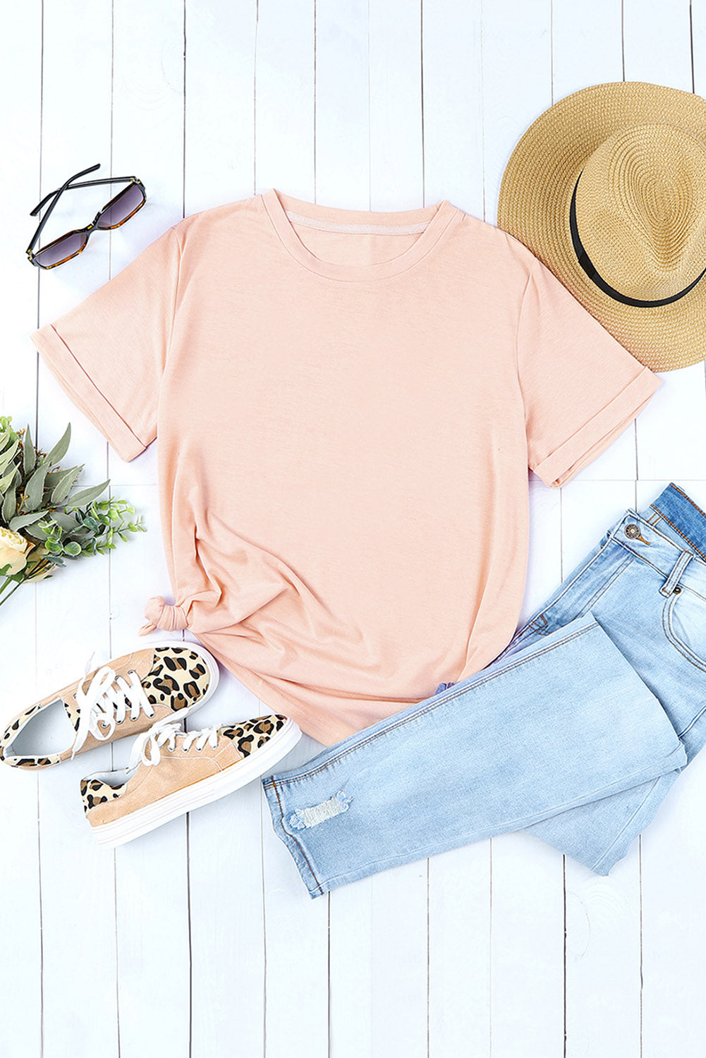 White Round Neck Rolled Sleeve Plus Size T-shirt