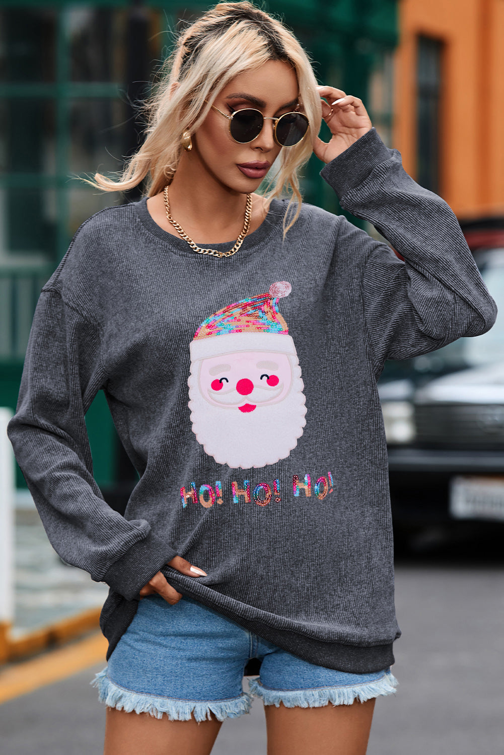 Black Plus Size Corded Round Neck Sweatshirt