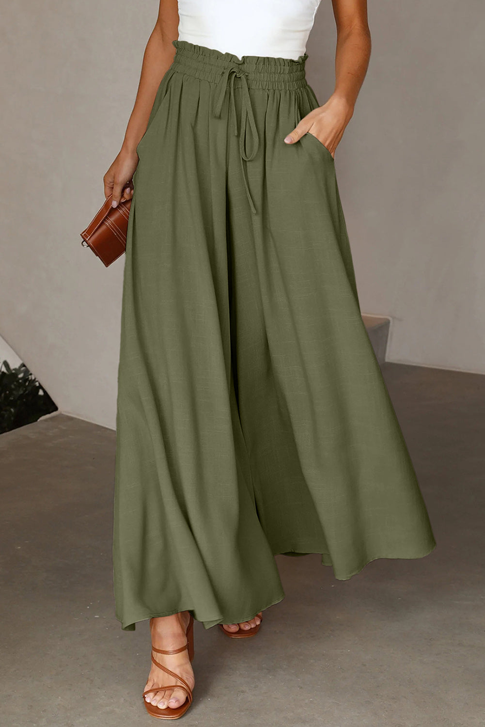 Beige Drawstring Smocked High Waist Wide Leg Pants