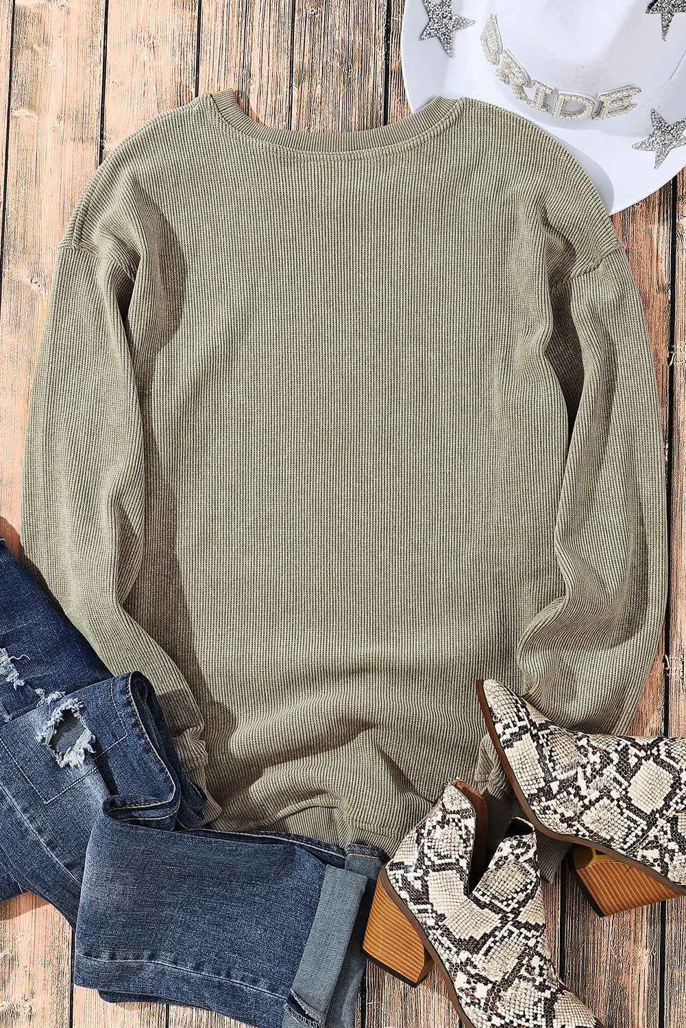 Black Plus Size Corded Round Neck Sweatshirt