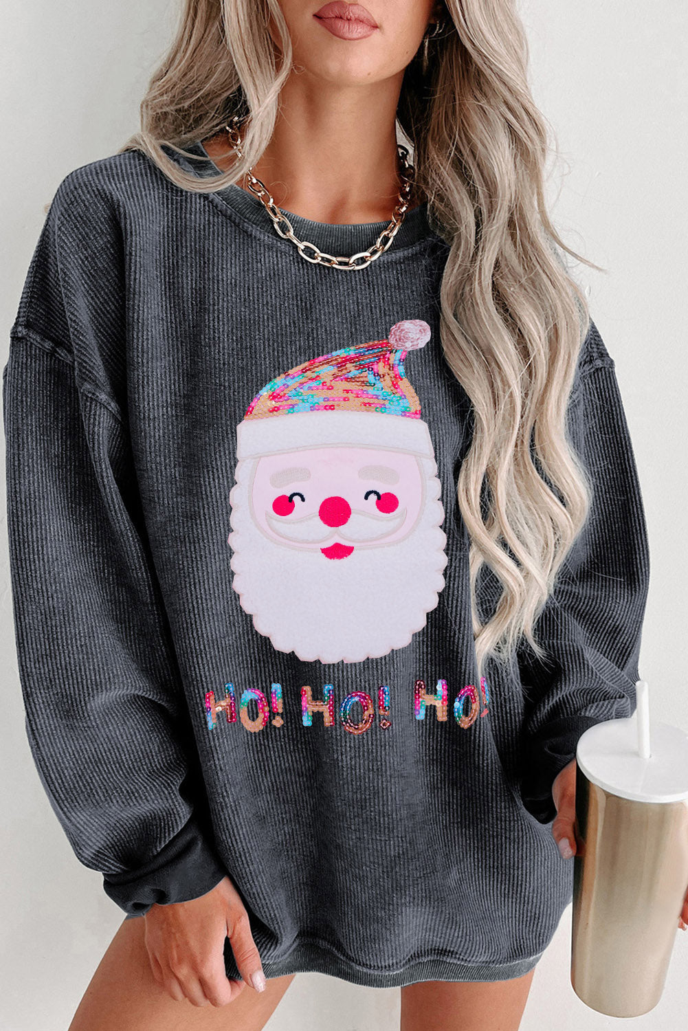 Black Plus Size Corded Round Neck Sweatshirt
