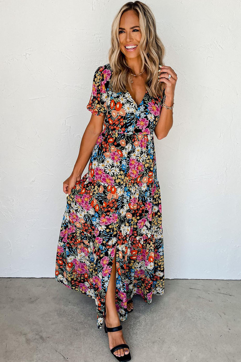 Short Sleeve Boho Floral Pattern Tiered Maxi Dress