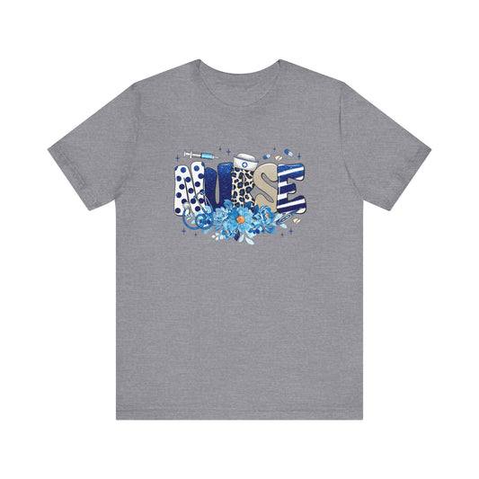Blue Floral Nurse Jersey Short Sleeve Tee