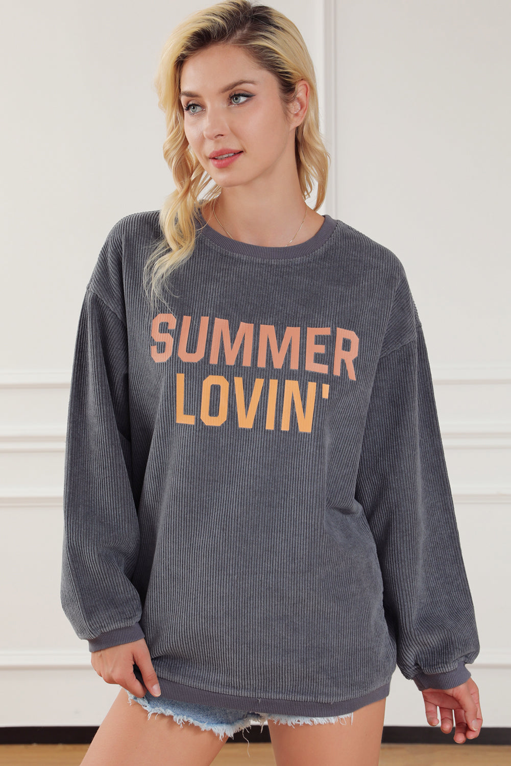 Black Plus Size Corded Round Neck Sweatshirt